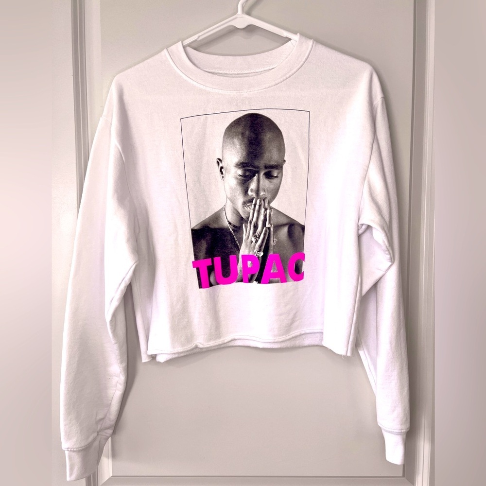 White Tupac Graphic Cropped Sweatshirt